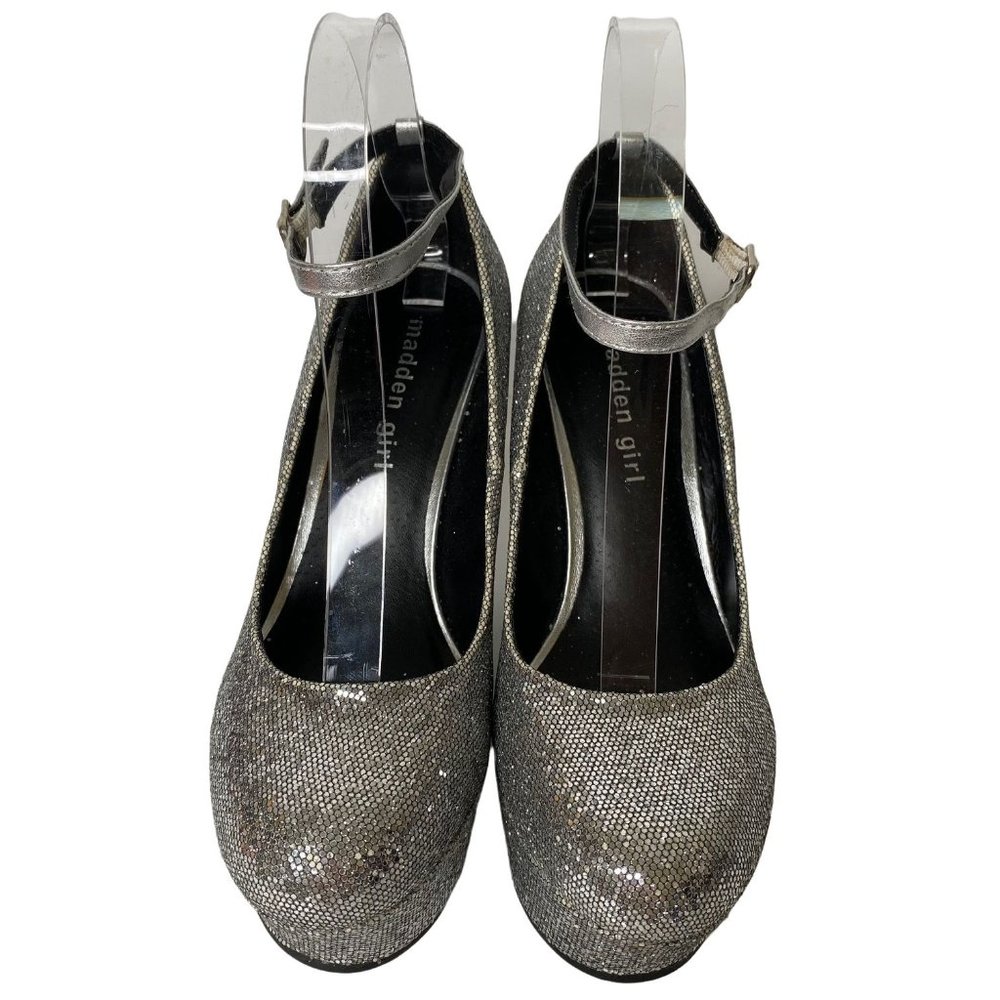 MADDEN GIRL SILVER  PARTY GLITTER 4" WEDGE SIZE 6.5M WITH ANKLE STRAP EVENING, P
